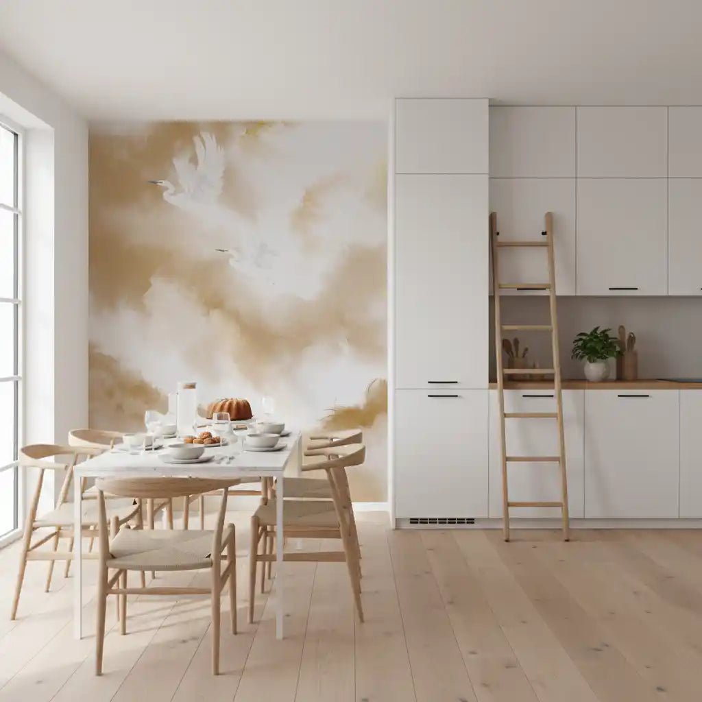 Flight of Serenity Biege Watercolor Birds Wall Mural