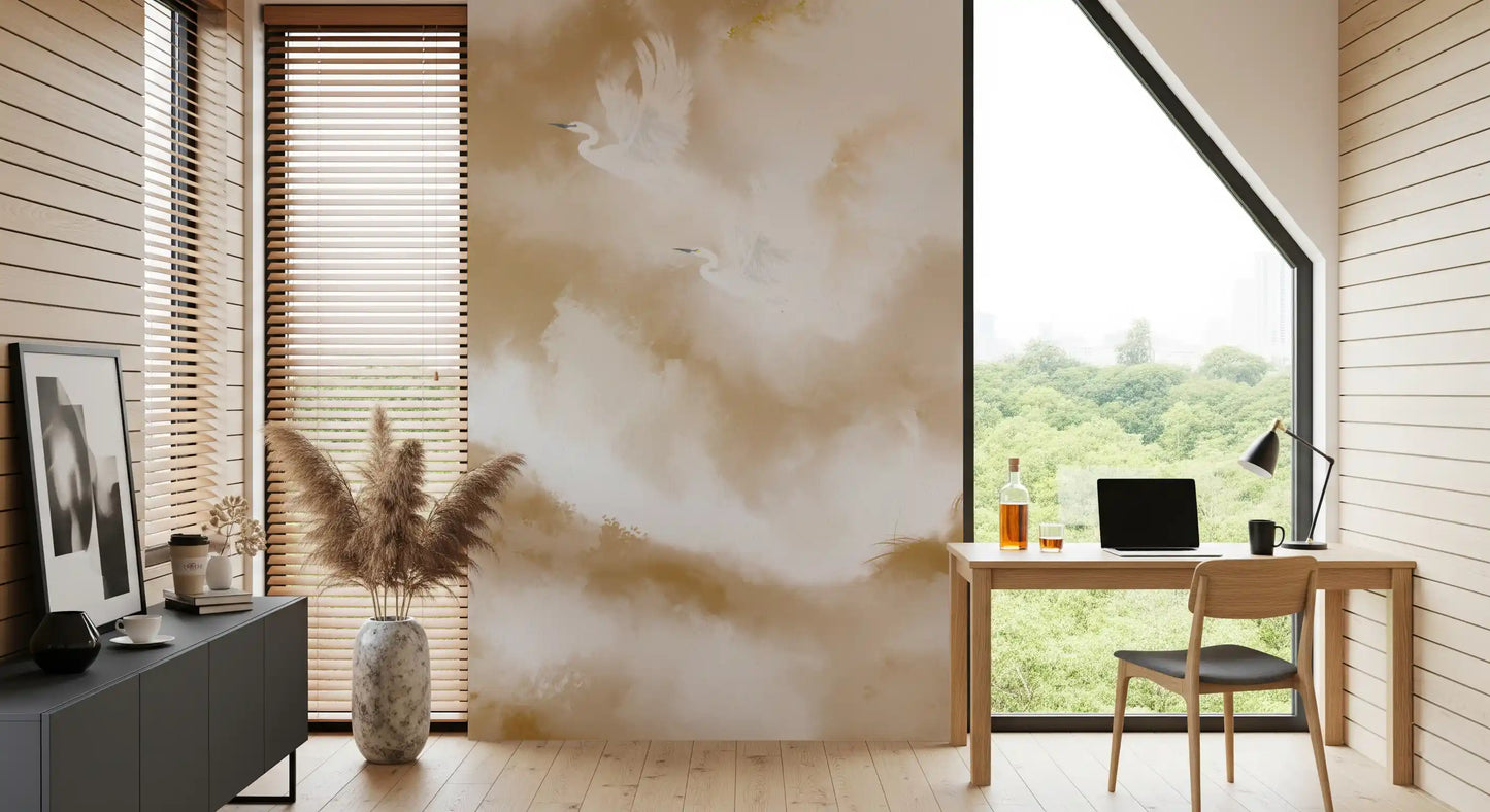Flight of Serenity Biege Watercolor Birds Wall Mural