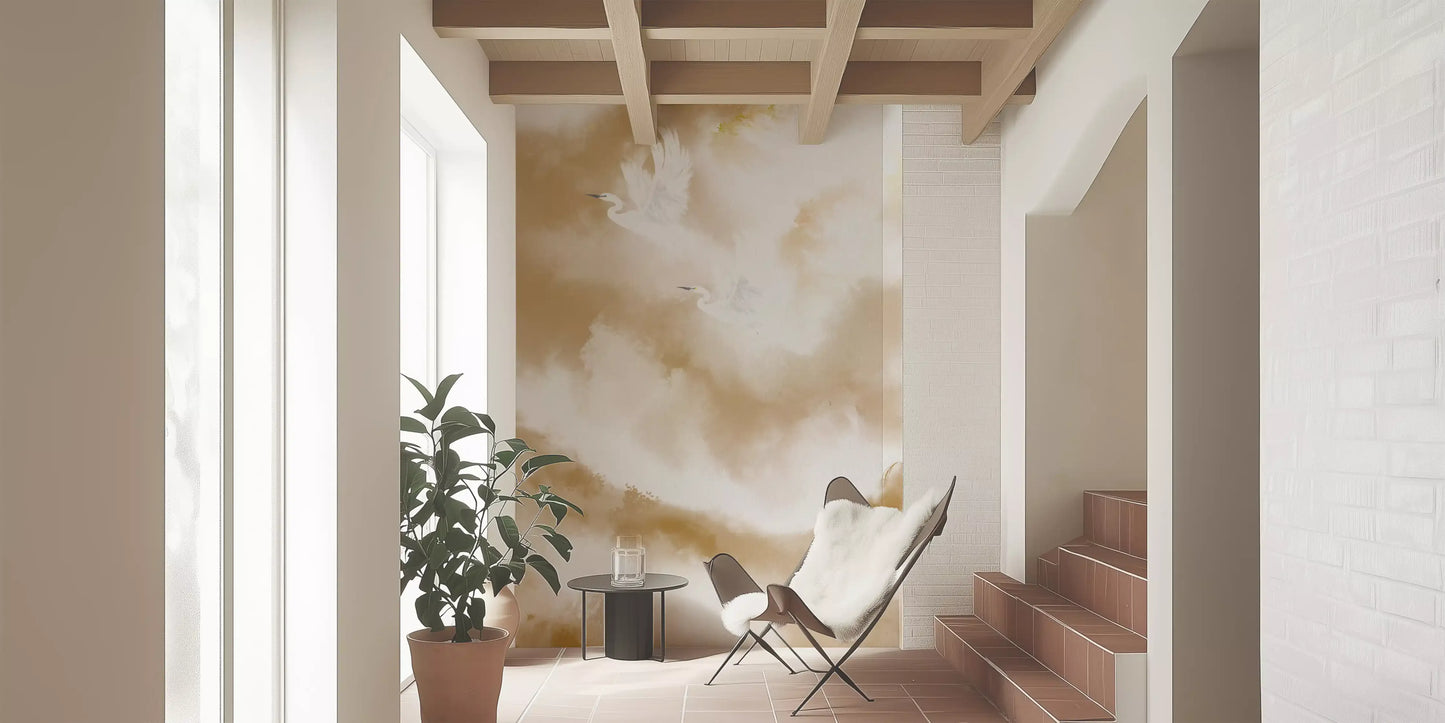 Flight of Serenity Biege Watercolor Birds Wall Mural