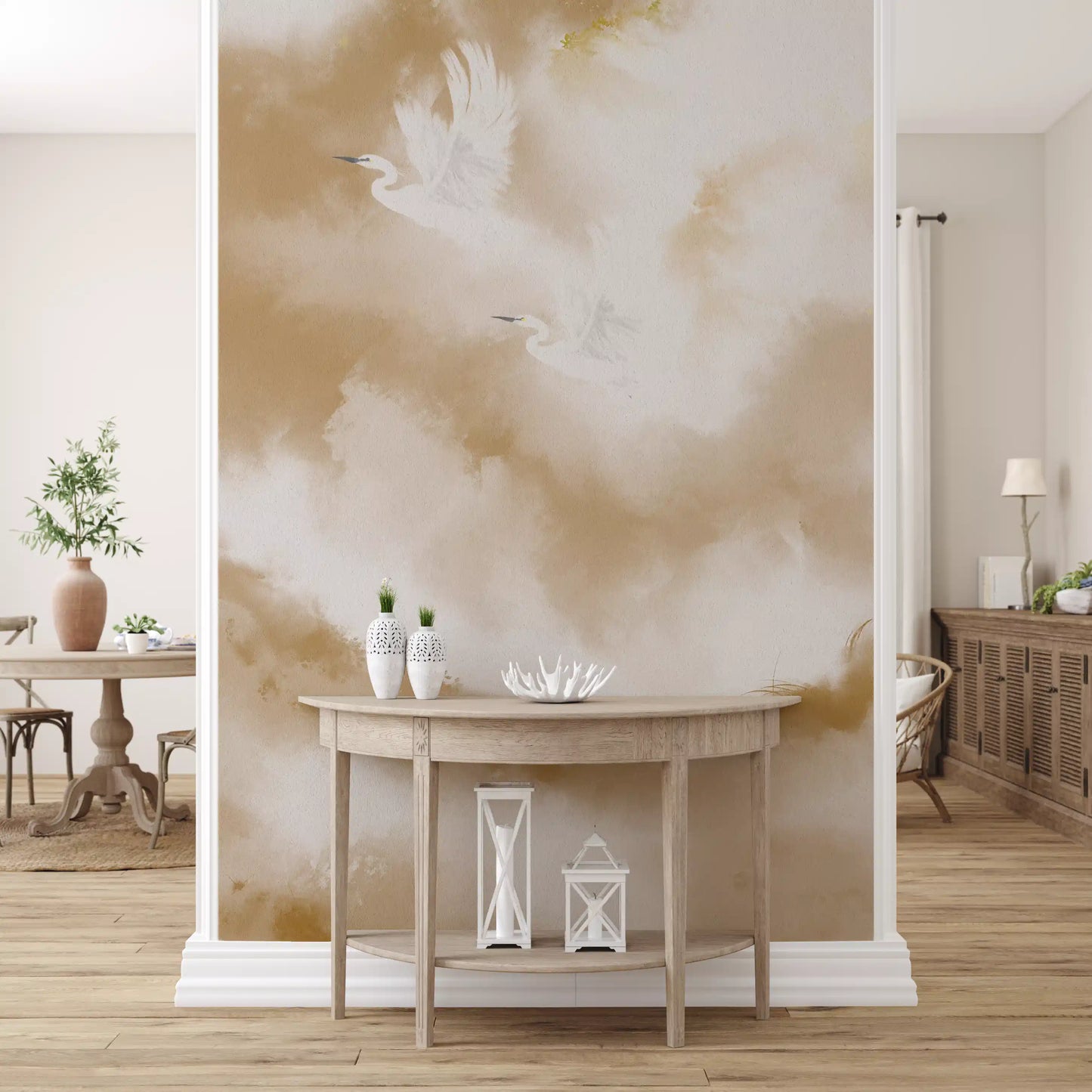 Flight of Serenity Biege Watercolor Birds Wall Mural