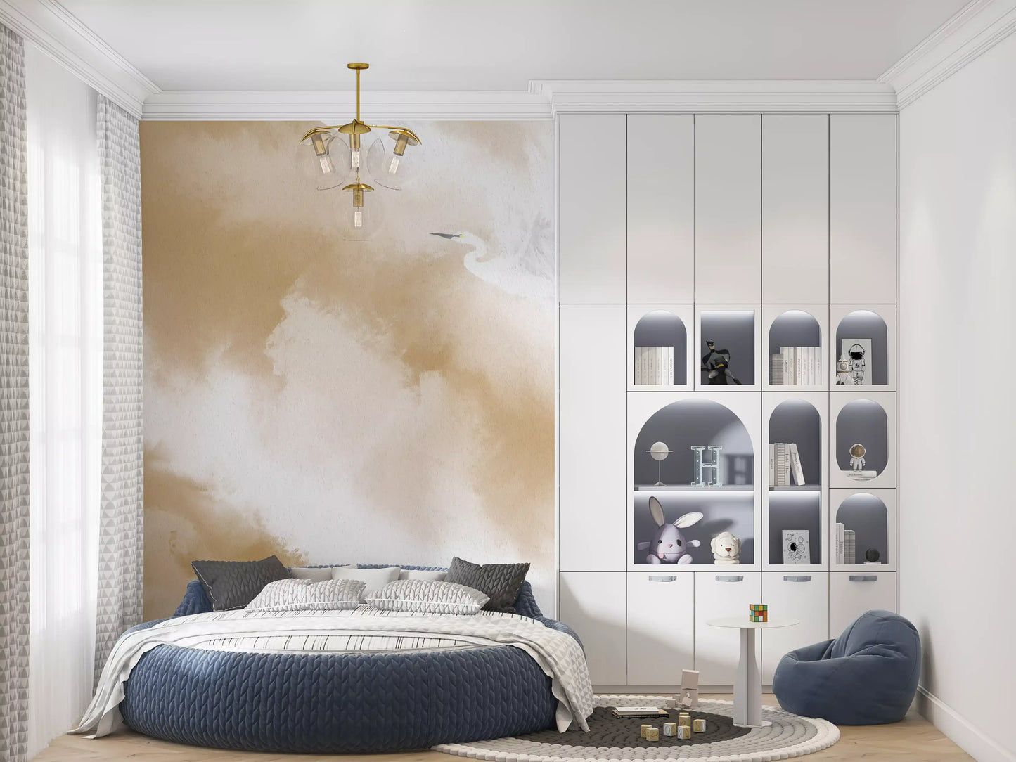 Flight of Serenity Biege Watercolor Birds Wall Mural
