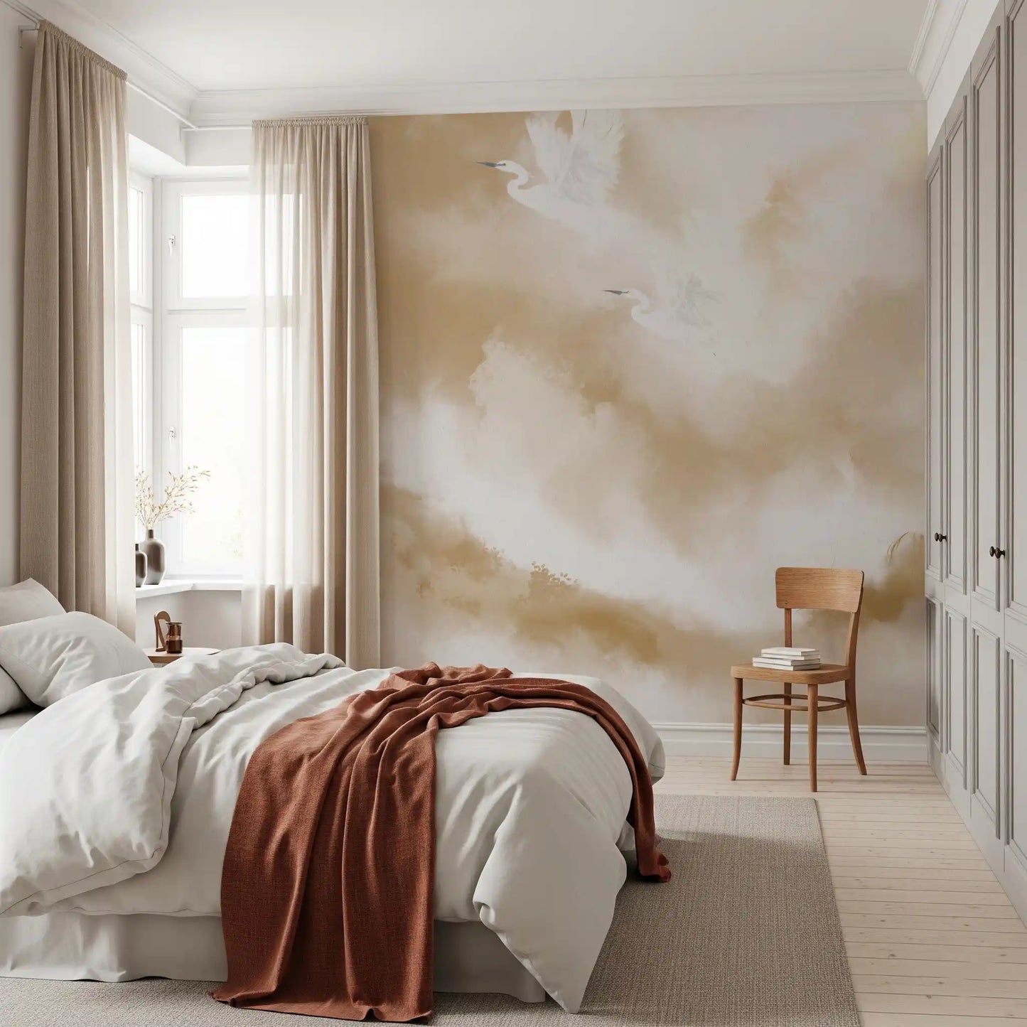 Flight of Serenity Biege Watercolor Birds Wall Mural