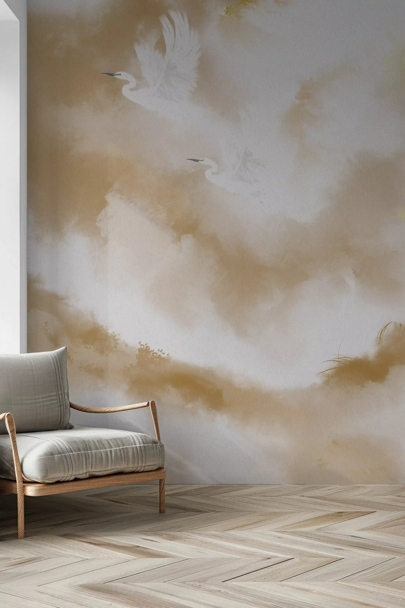 Two white cranes on Flight of Serenity Beige Watercolor Birds Wall Mural for hallway.