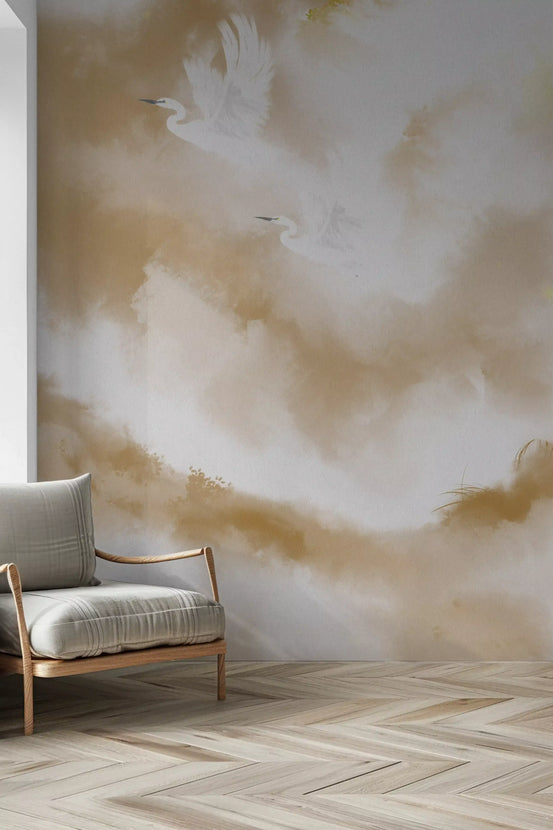 Two white cranes on Flight of Serenity Beige Watercolor Birds Wall Mural for hallway., GD10145