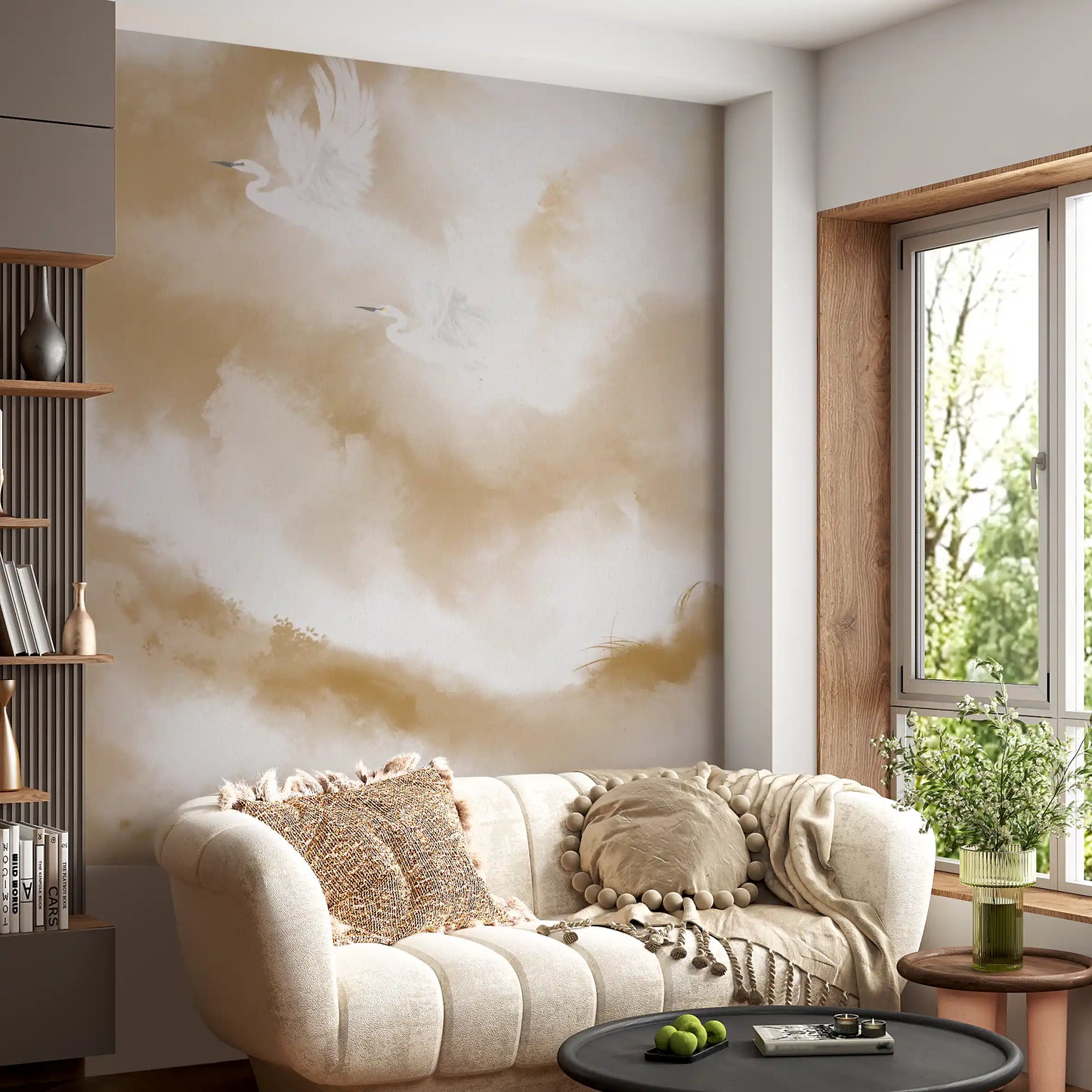 Flight of Serenity Biege Watercolor Birds Wall Mural