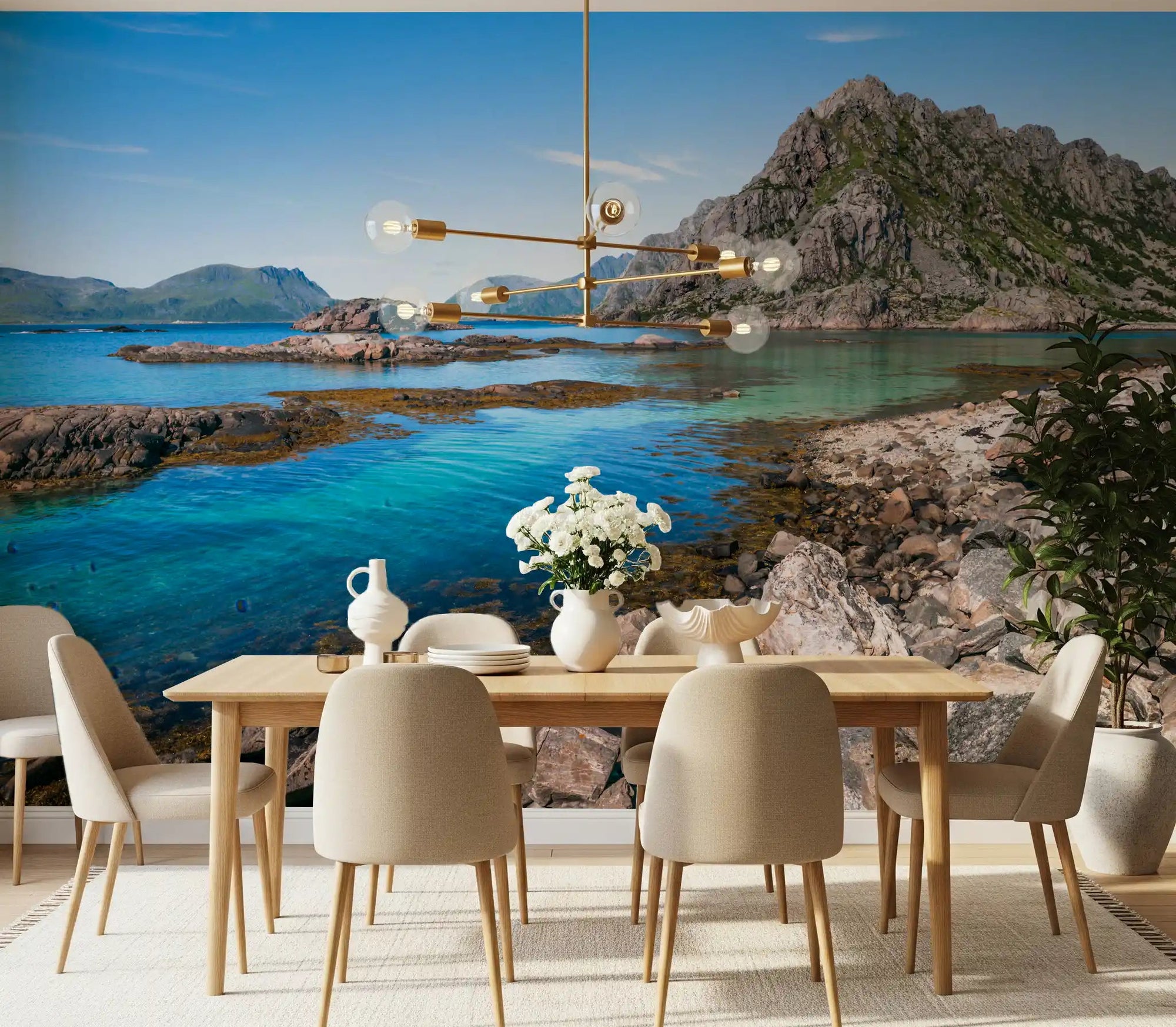 Coastal mountain wall mural showing grey peaks above a turquoise bay in dining room., GD10149