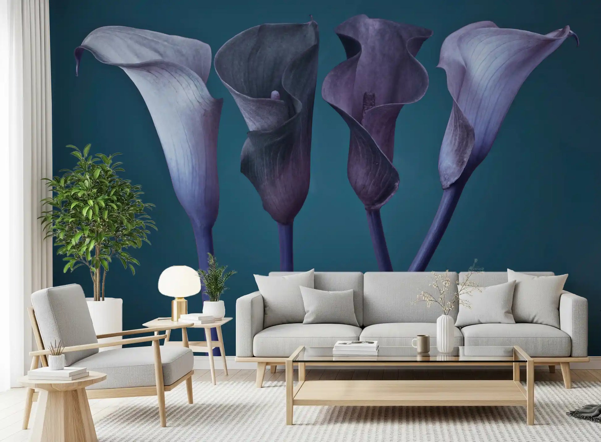 Purple and blue calla lily mural with soft dusk light across the petals.