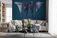 Vertical calla lily mural with a deep blue background and dusk-toned blooms.