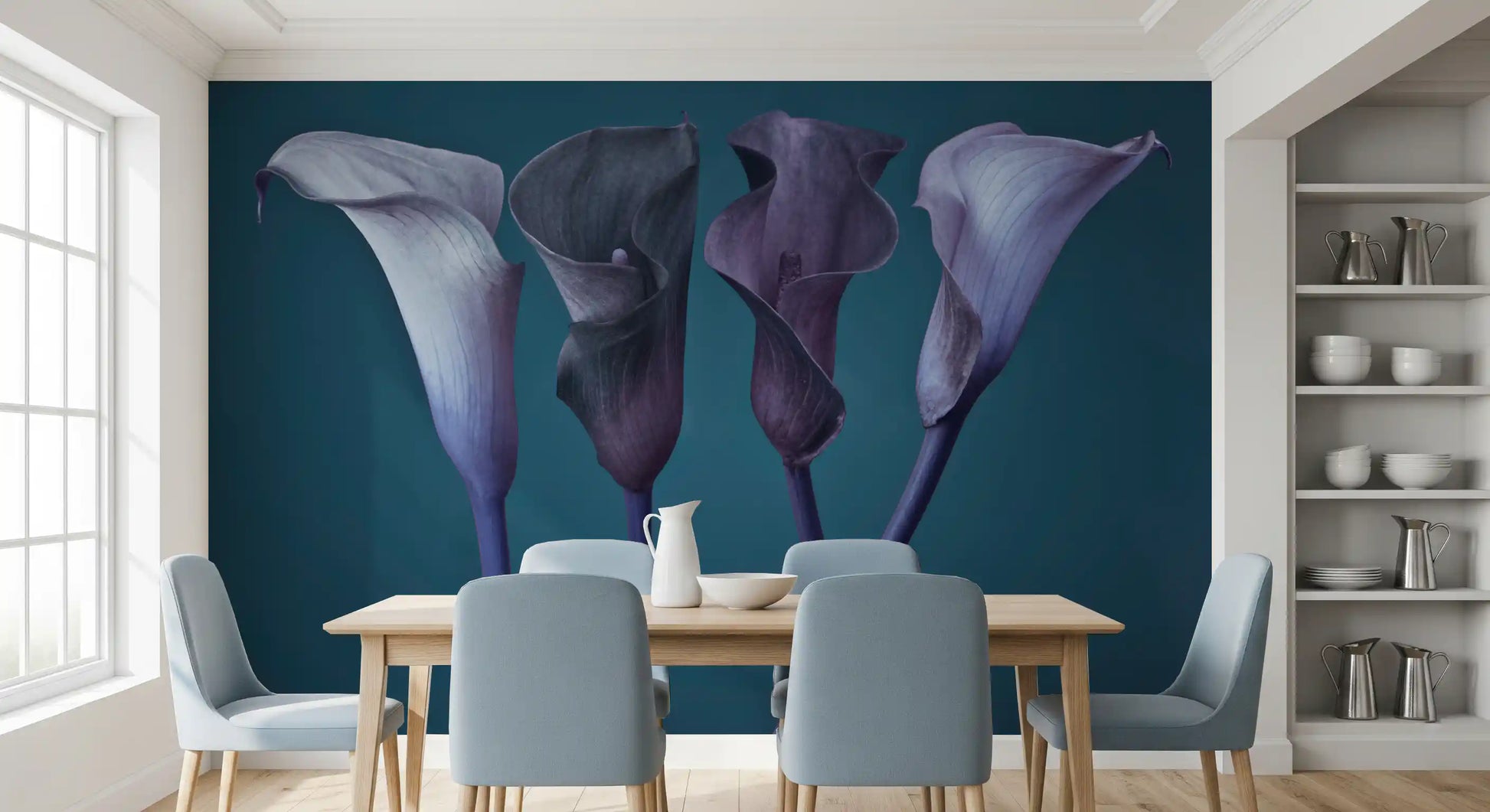 Calla lily wall mural with four blooms in silver, lavender, plum and charcoal on a deep blue background.