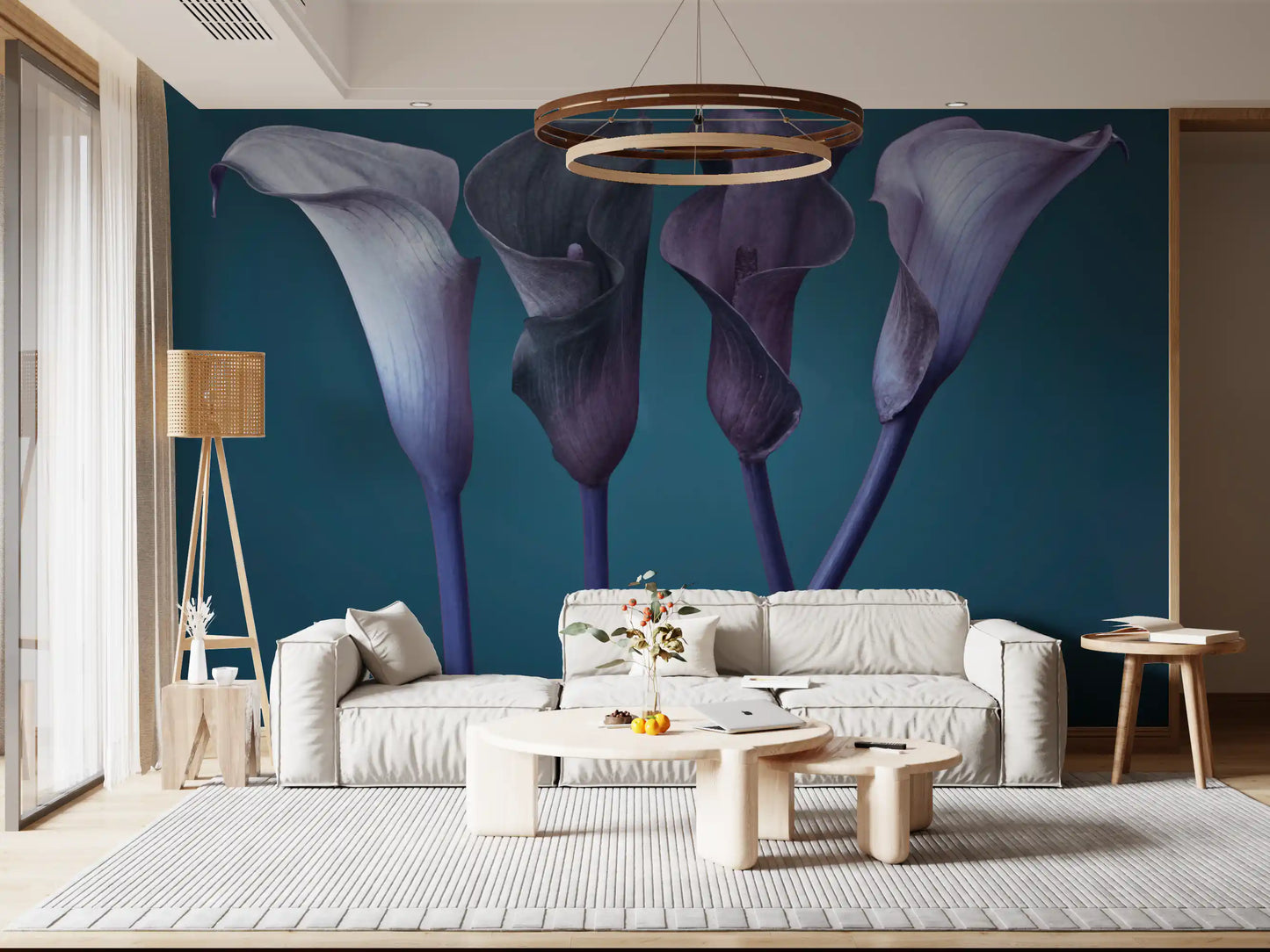 Calla lily floral mural on a living room feature wall in purple and grey.