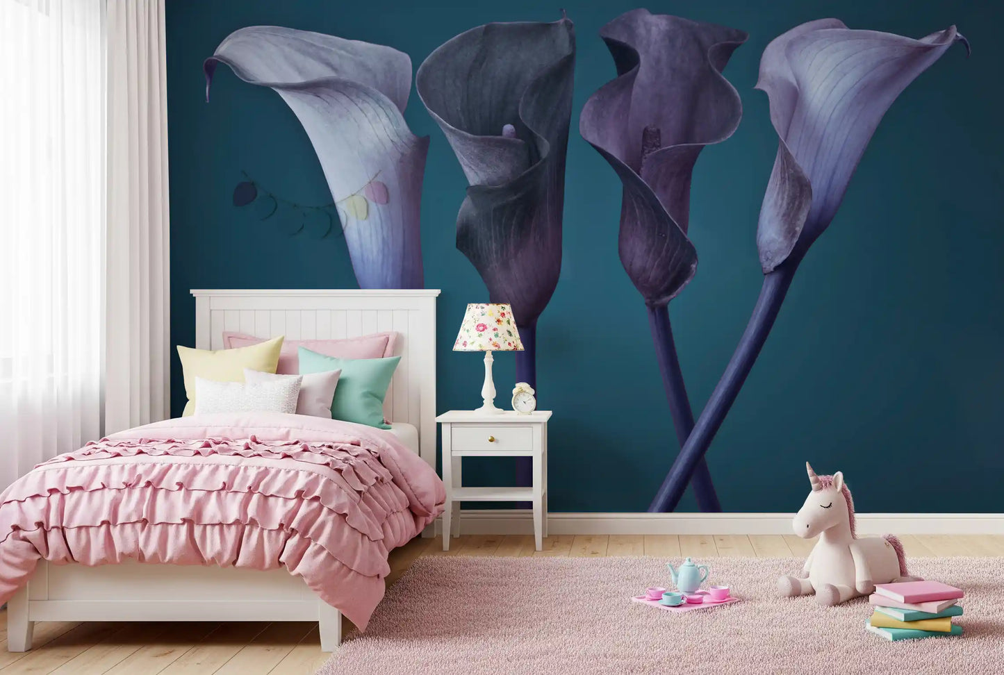Twilight floral mural showing slender calla lily stems crossing in kids bedroom.