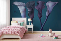 Twilight floral mural showing slender calla lily stems crossing in kids bedroom.