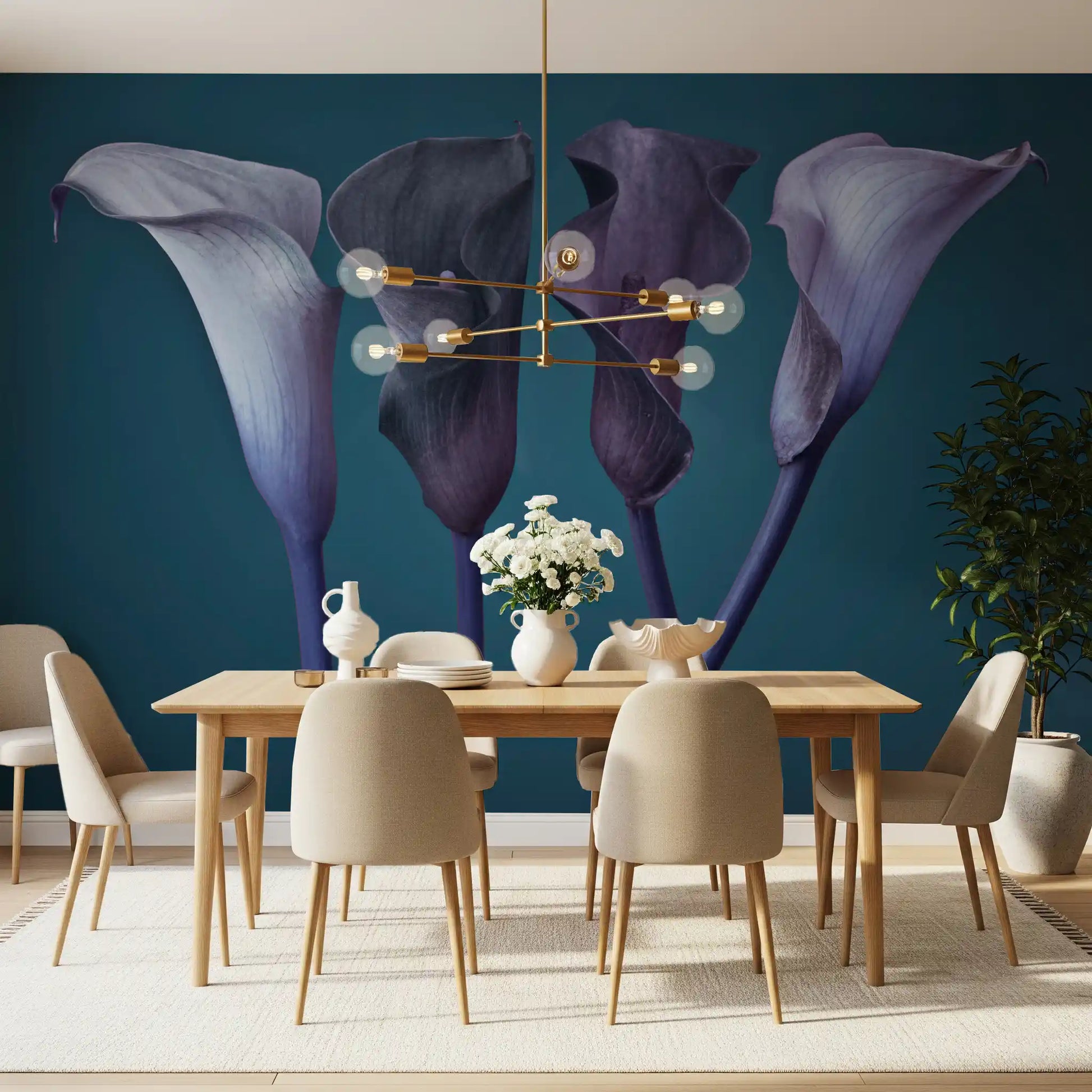 Botanical wall mural with four sculptural calla lily flowers in muted tones for dining room.