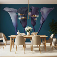 Botanical wall mural with four sculptural calla lily flowers in muted tones for dining room.
