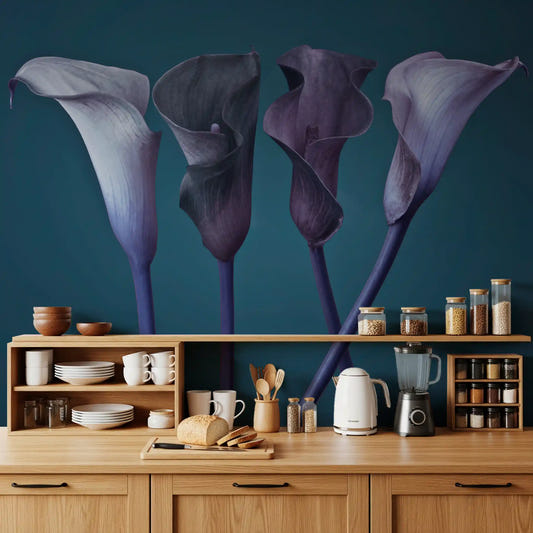 Twilight calla lily mural across a kitchen accent wall in blue and lavender tones.