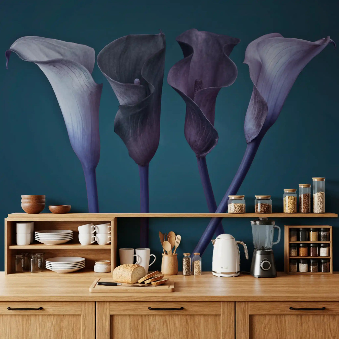 Twilight calla lily mural across a kitchen accent wall in blue and lavender tones.