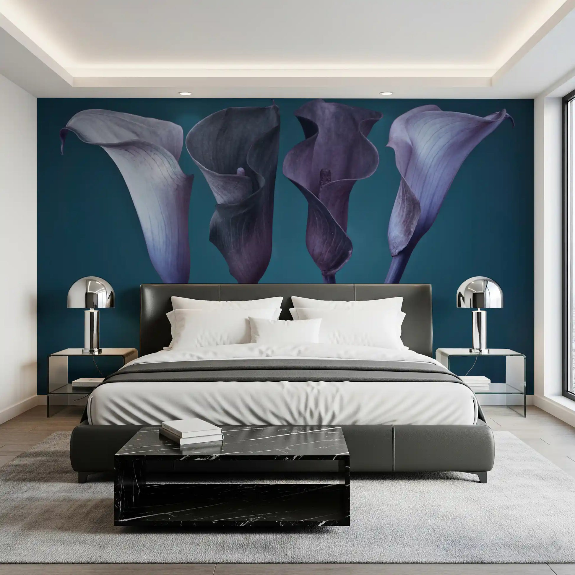 Moody floral wall mural with four balanced calla lily blooms in bedroom.