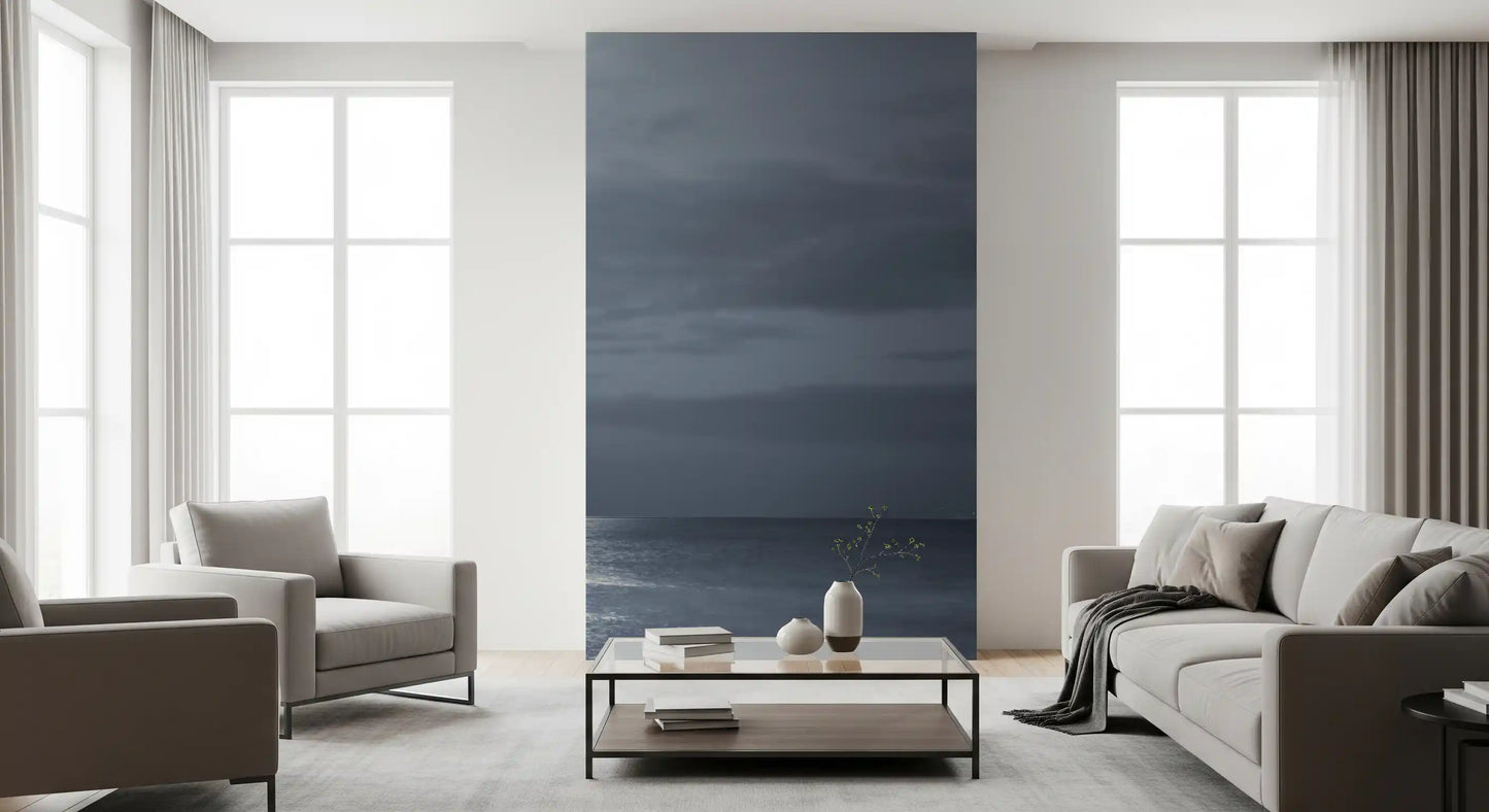 Moonlit water, clouds and night sky in blue grey wall mural.