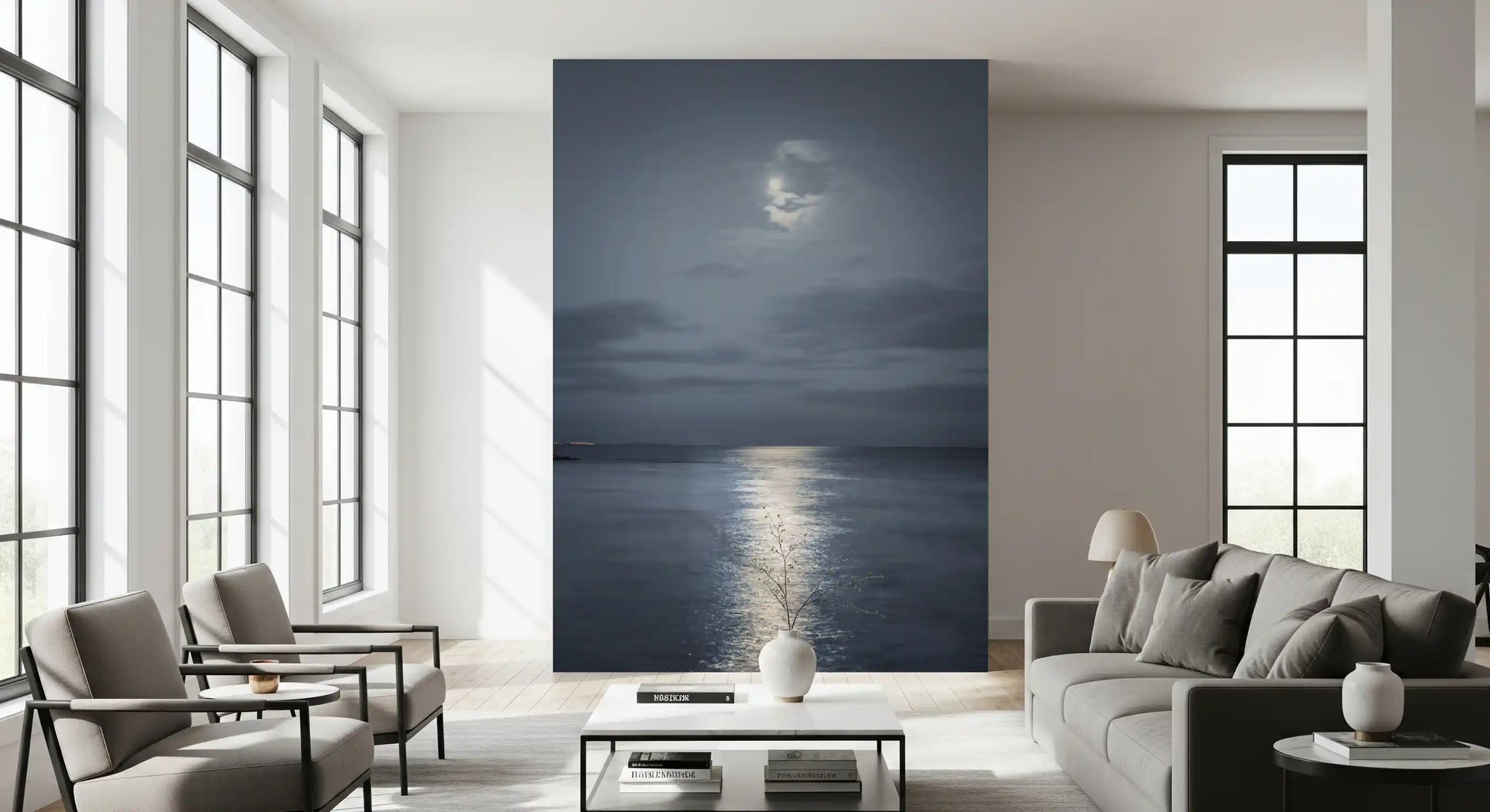 Calm sea horizon with faint coastal lights on a blue wall mural.