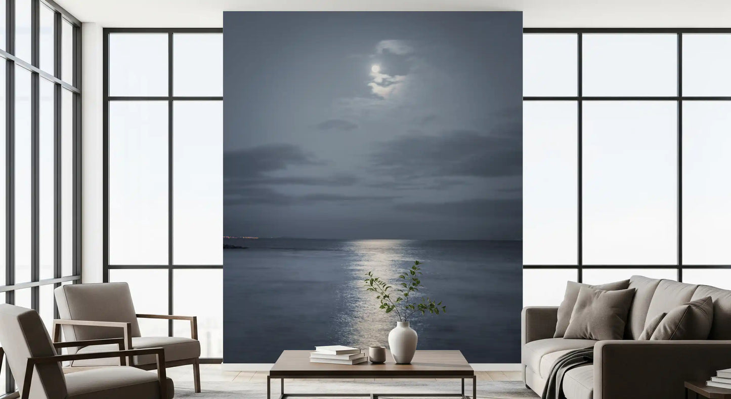 Silver moonlight streak running over deep blue ocean ripples mural.