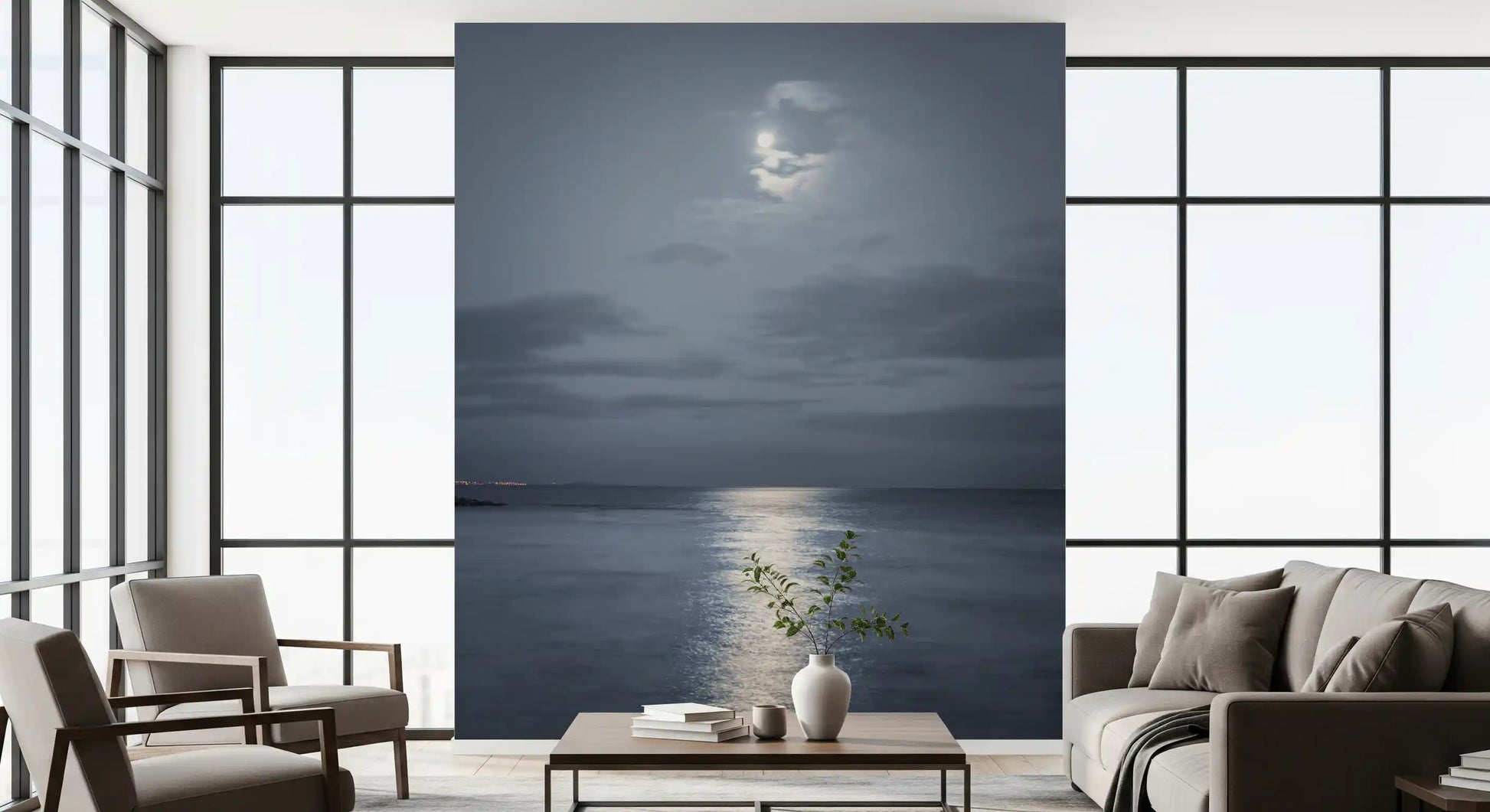 Silver moonlight streak running over deep blue ocean ripples mural.