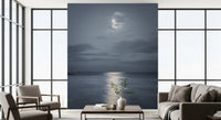 Silver moonlight streak running over deep blue ocean ripples mural.