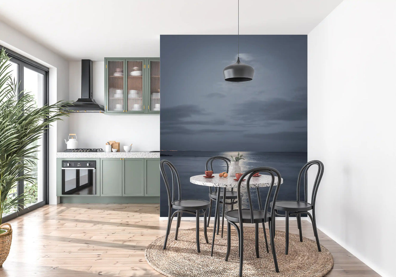 Night sky and silver moon reflection across a grey rippled sea mural for dining area.