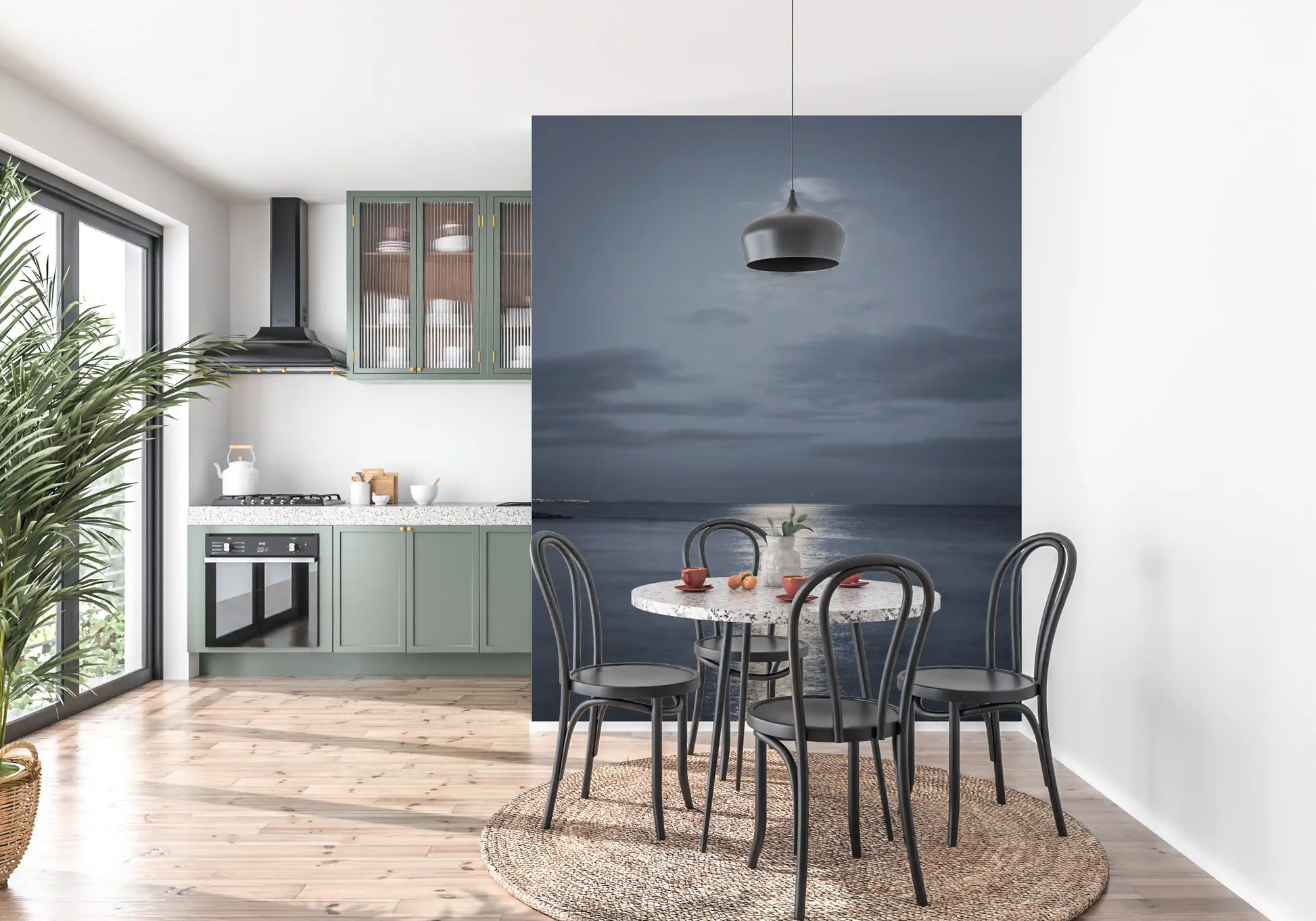 Night sky and silver moon reflection across a grey rippled sea mural for dining area.