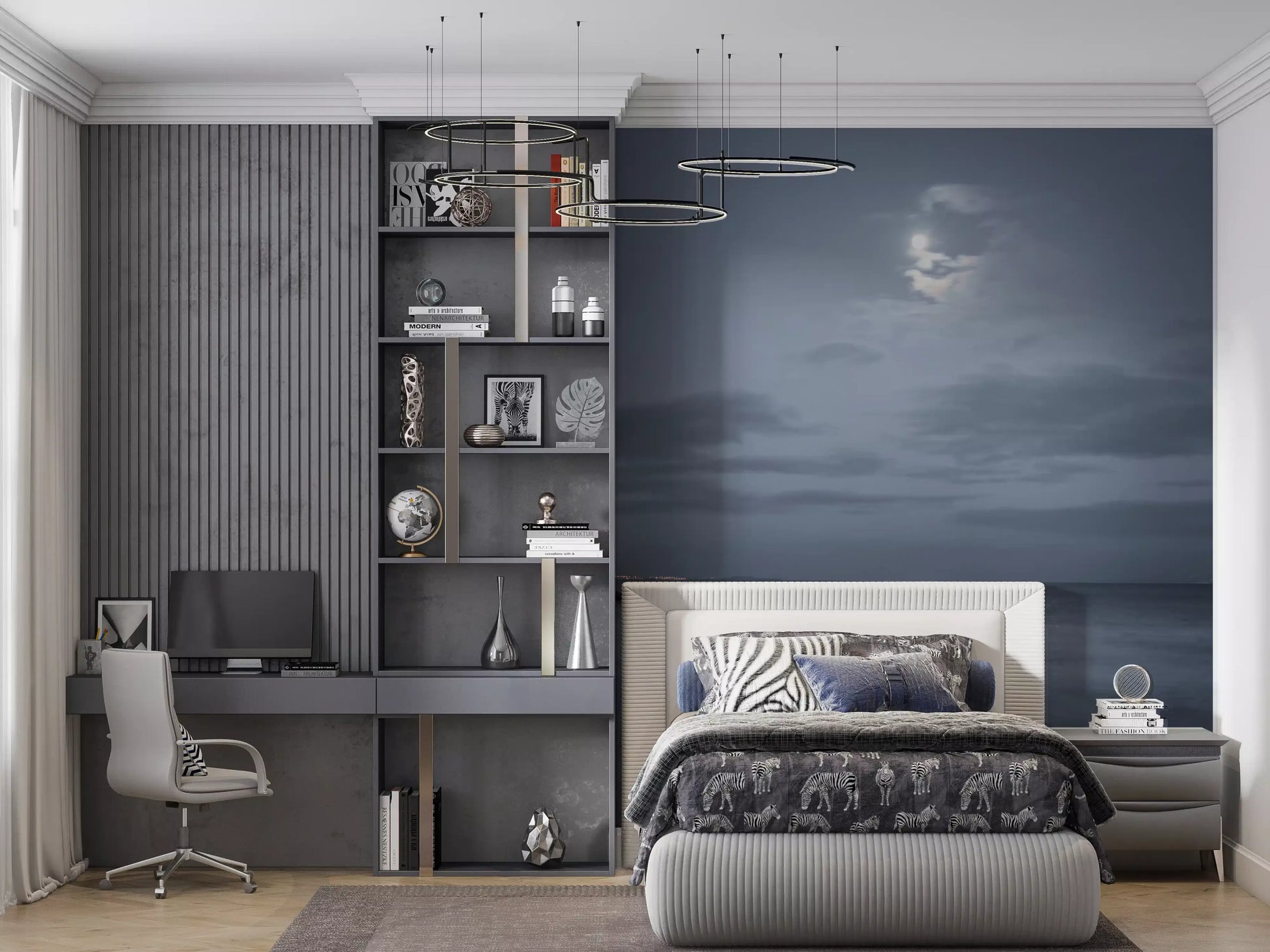 Blue night seascape mural covering a bedroom accent wall surface.