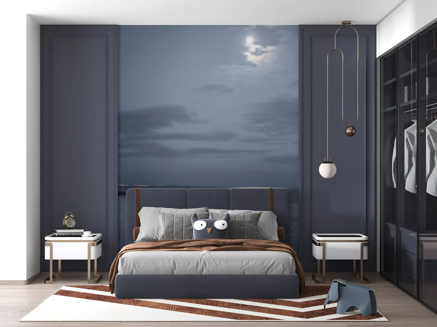 Moonlit ocean mural on a bedroom feature wall in cool blue tones.