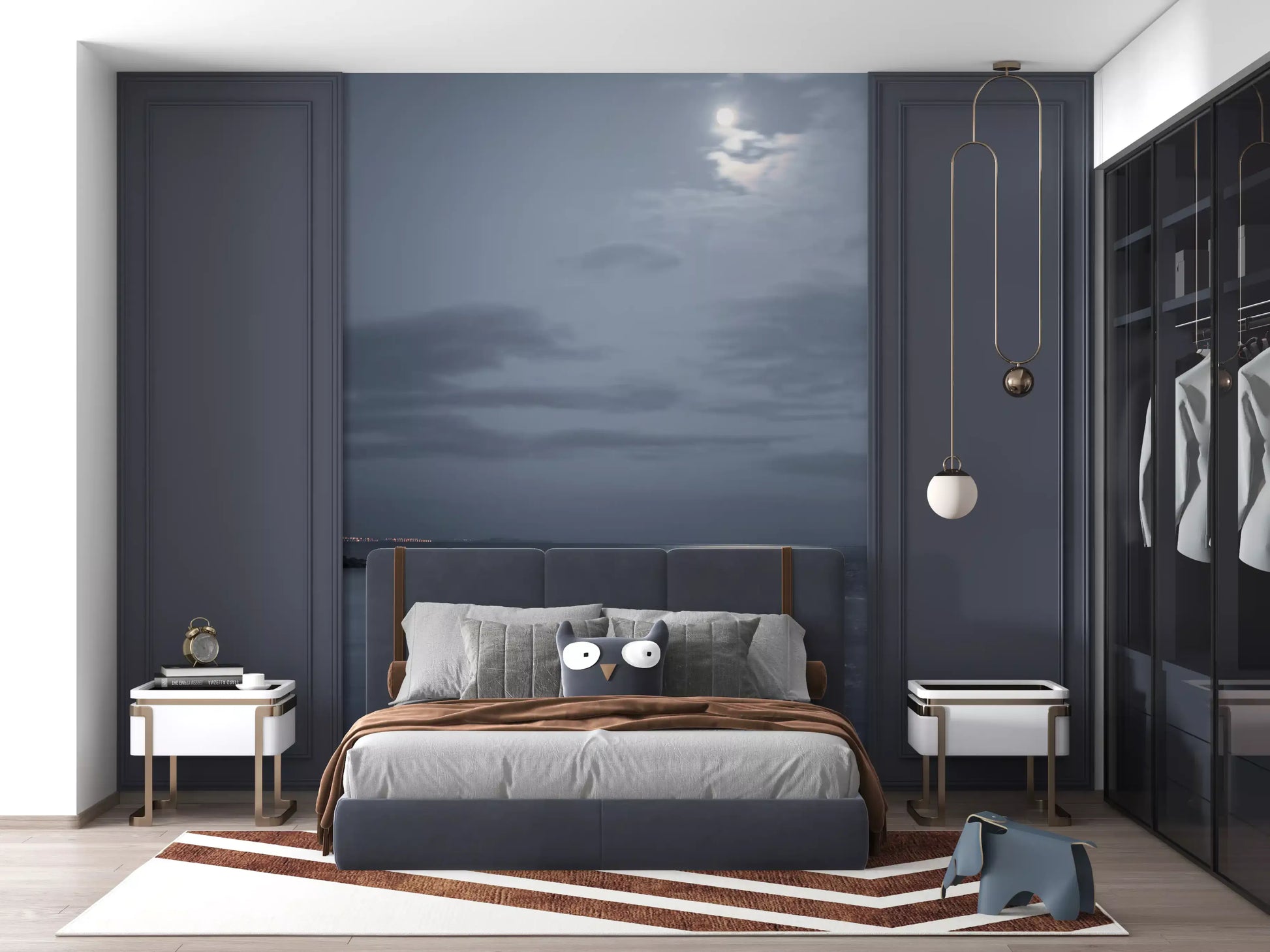 Moonlit ocean mural on a bedroom feature wall in cool blue tones.