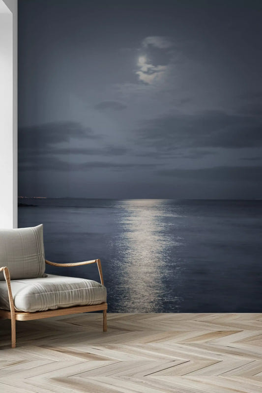 Moonlit ocean wall mural with a full moon above calm blue water in hallway.