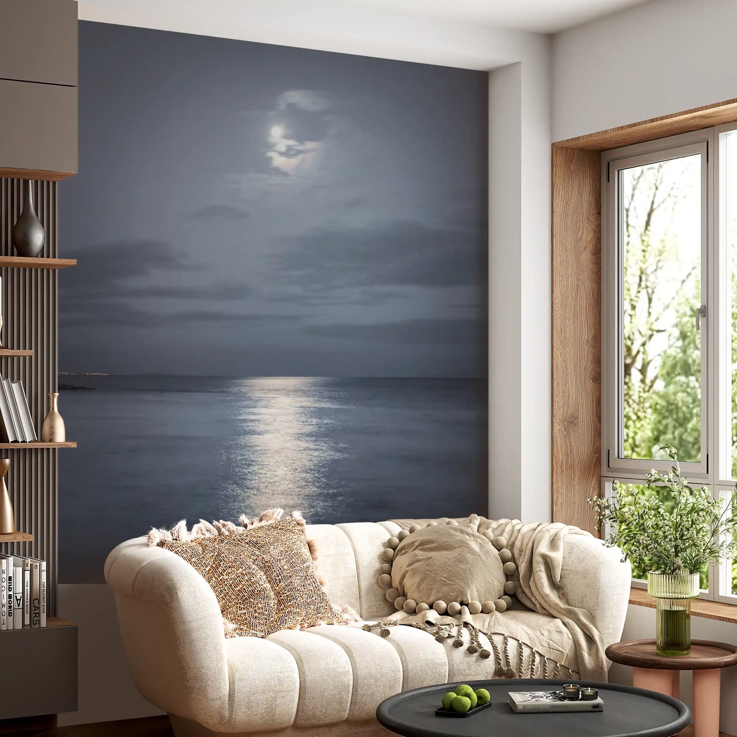 Rocky shoreline and distant horizon lights on a moonlit sea mural.
