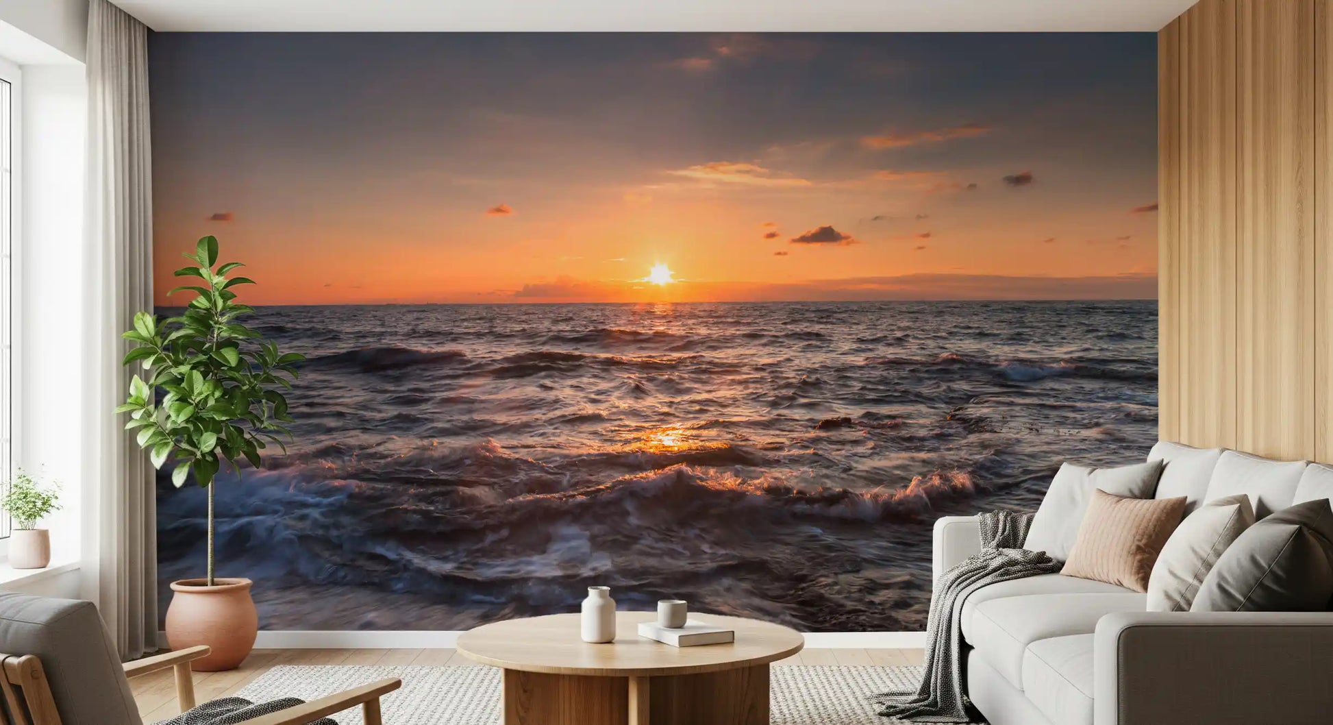 Seascape mural in a living room wall bringing an open coastal mood. 