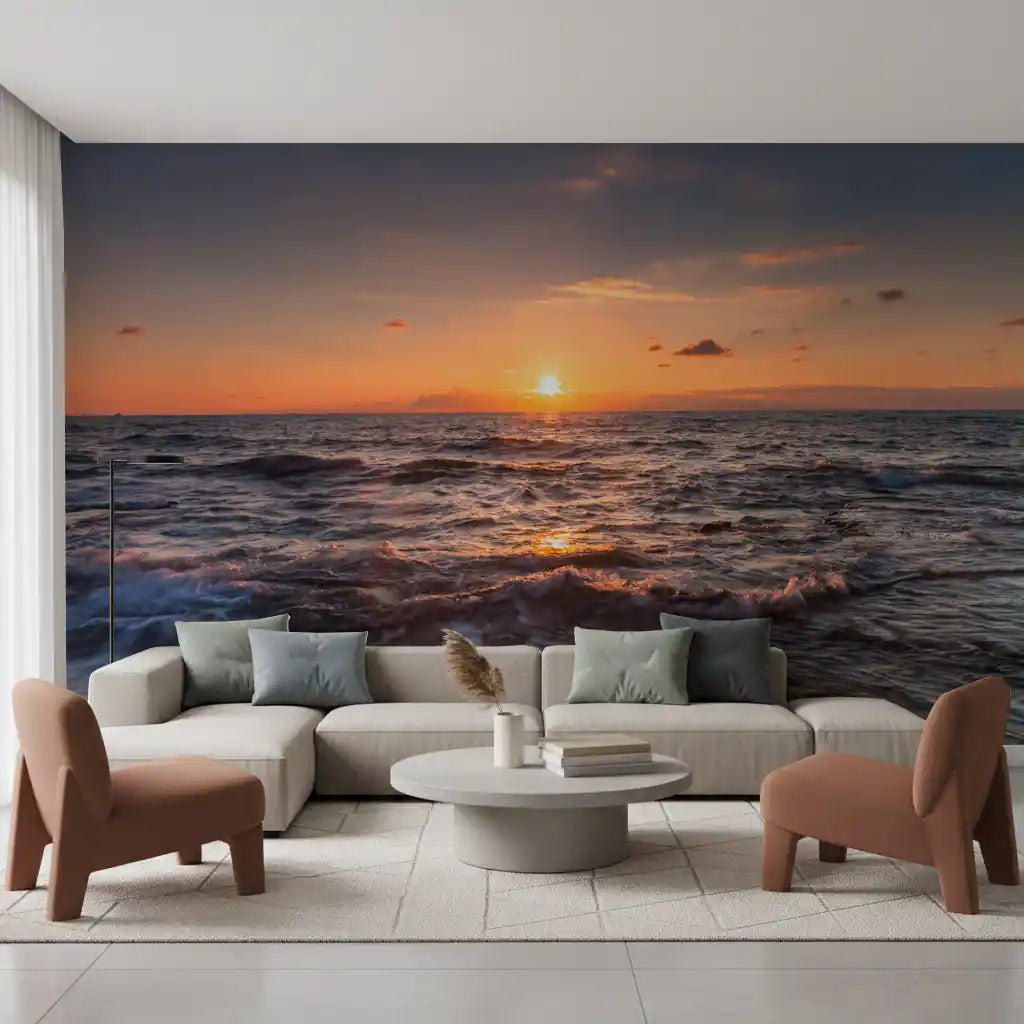 Ocean sunset wall mural featuring slate blue waves and a golden light trail on the sea.