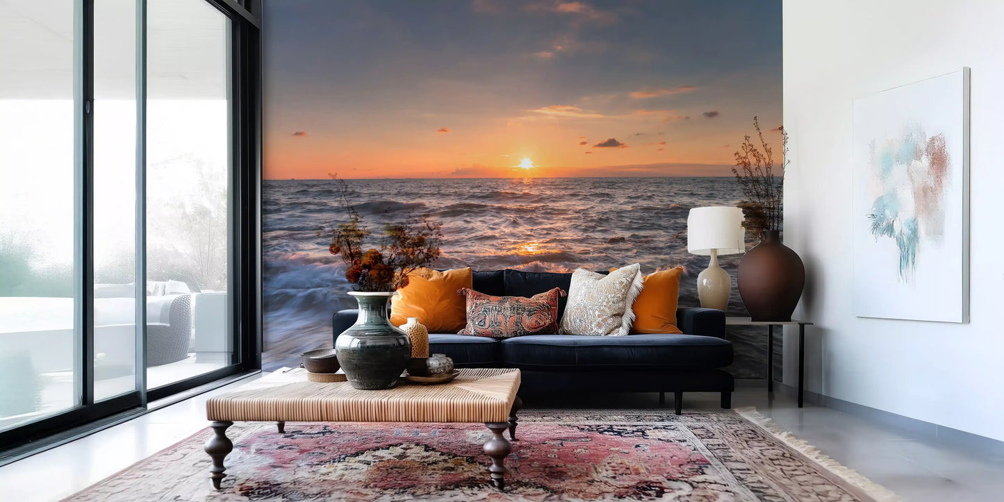 Coastal wall mural with choppy water, white foam crests, and a soft horizon glow.