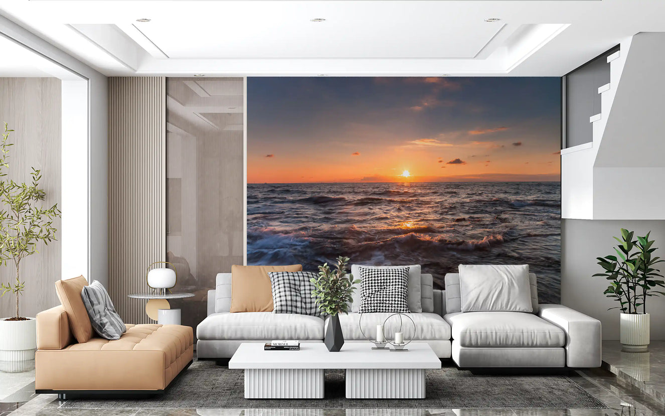 Golden Horizon Waves wall mural showing an ocean sunset with an orange sky and foaming waves.