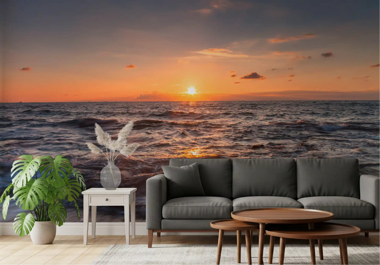 Golden Horizon Waves wall mural on a living room feature wall with a warm sky.