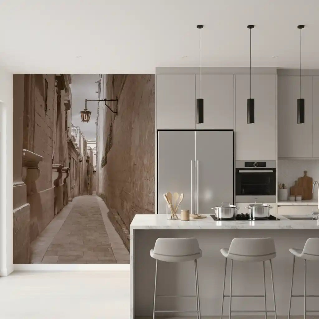 Aged stone walkway mural with an overcast sky above the buildings in kitchen.