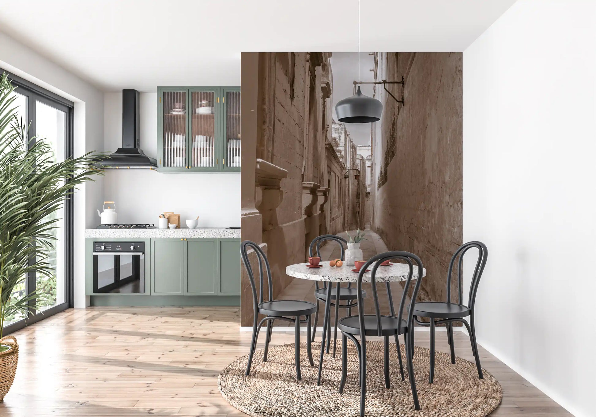 Stone passage mural with soft matte tones and weathered surface detail in dining room.