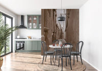 Stone passage mural with soft matte tones and weathered surface detail in dining room.