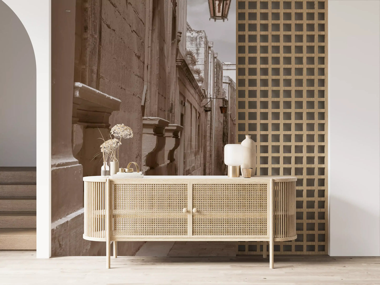 Vertical stone passage mural showing layered brown and beige wall textures.