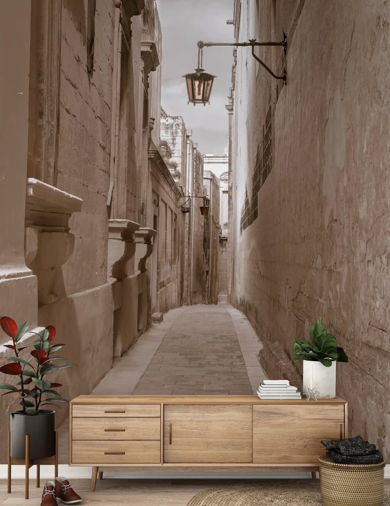 Sepia stone alley mural giving a hallway a quiet sense of depth.