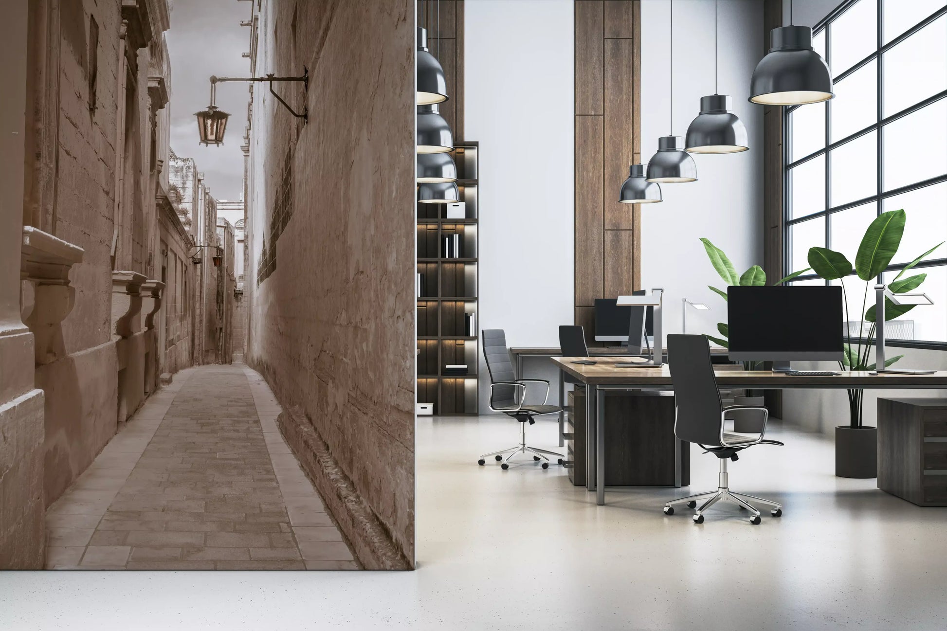 Stone passage wall mural used as a calm backdrop along a office. 