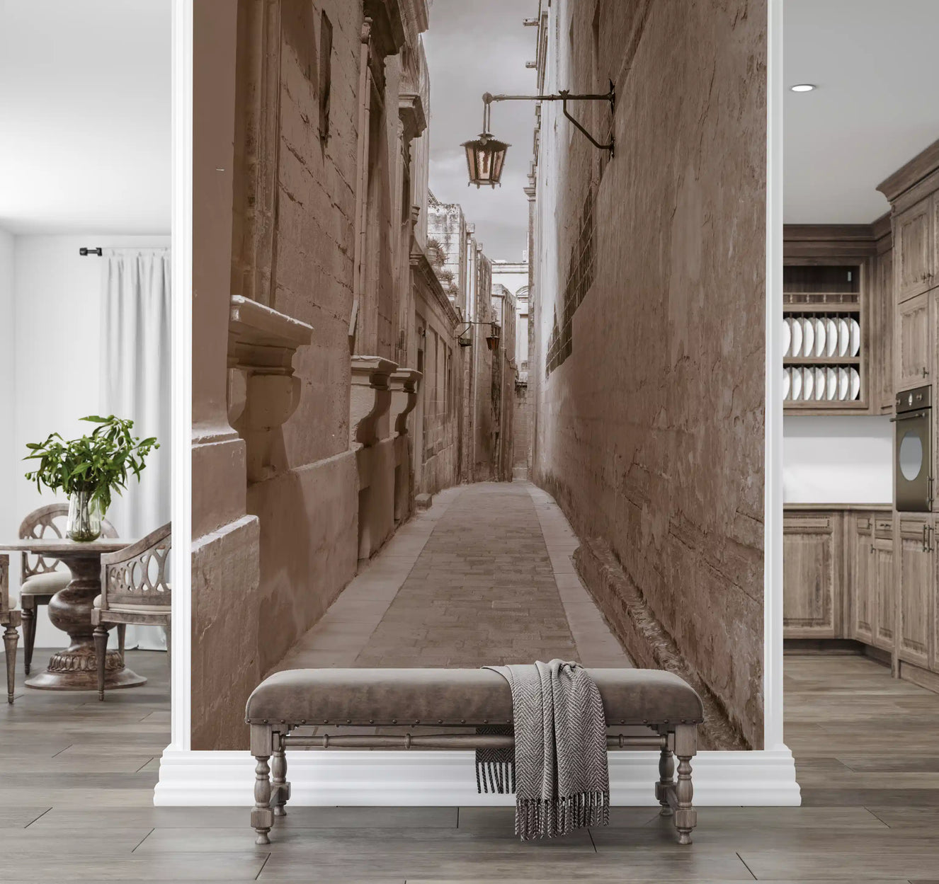 Stone passage wall mural with a narrow cobbled walkway between weathered limestone buildings.