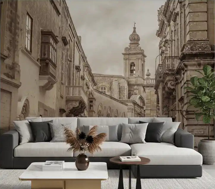 Stone street and spire mural covering a living room accent wall. 
