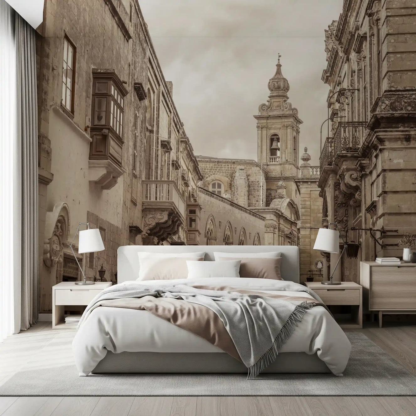 Old town street mural on a bedroom feature wall. 