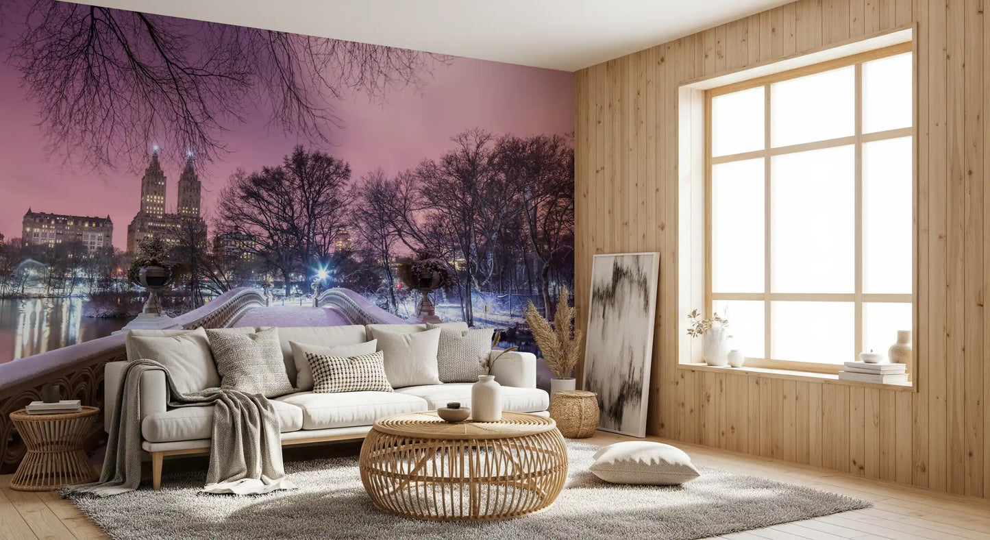 Central Park winter mural with frosted bare trees and a still reflecting lake in living area.