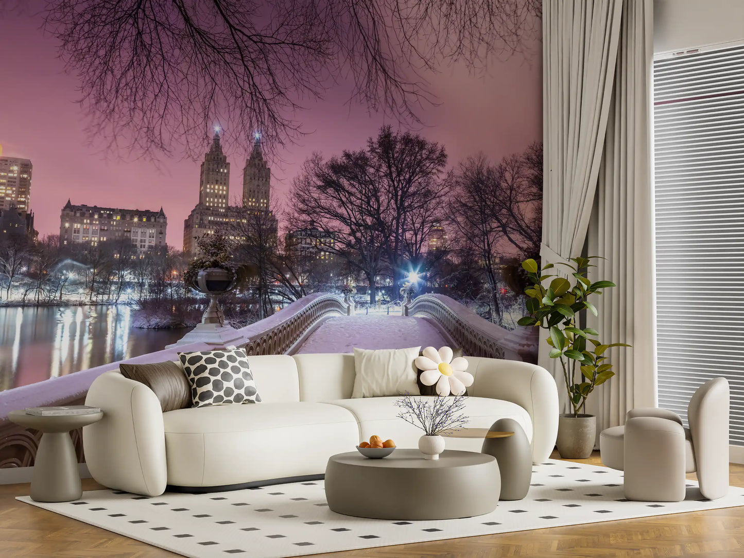 Pink dusk Central Park mural with reflections on a calm winter lake. 