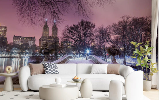 ow Bridge wall mural showing snowy Central Park at winter dusk under a pink sky in living room., GD10160